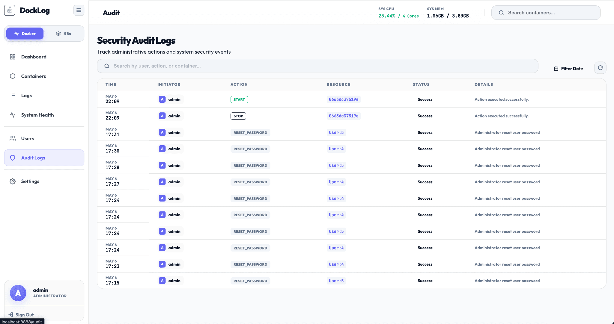 DockLog audit log listing user and container events