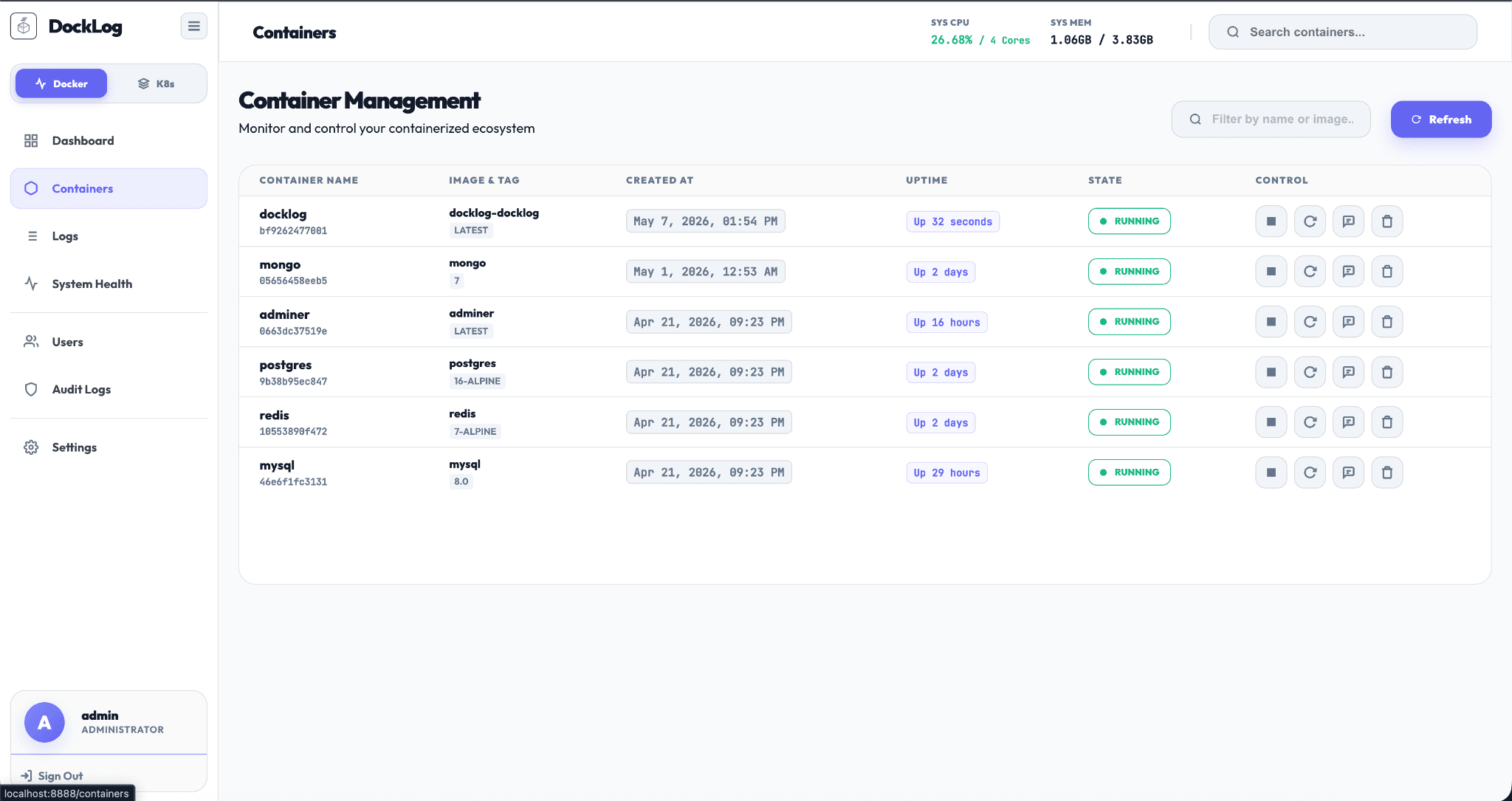 DockLog container view with live log stream