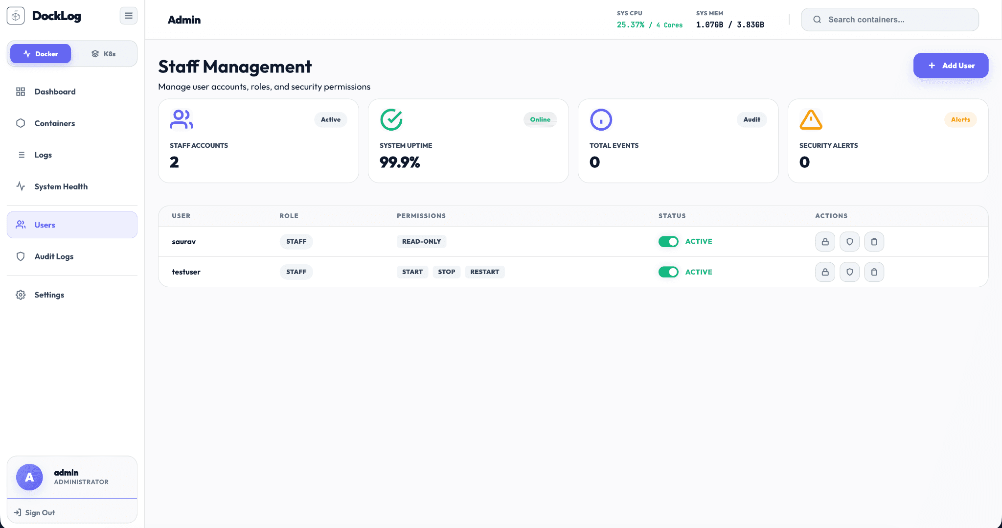 DockLog RBAC settings for a staff user