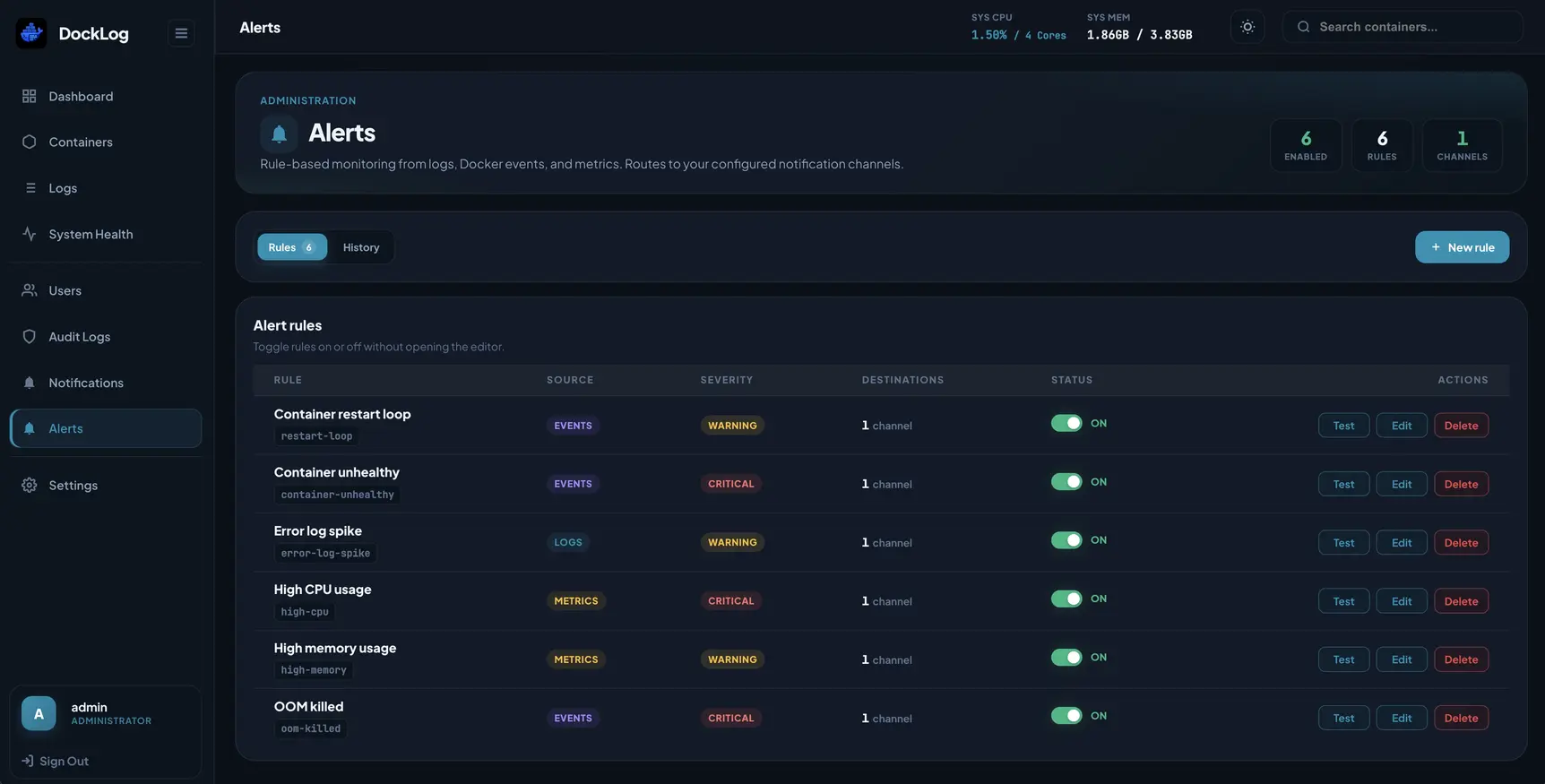 DockLog alert rules list