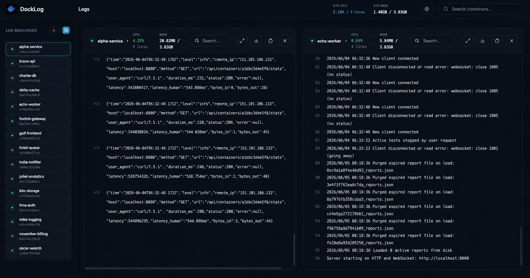 DockLog live log view