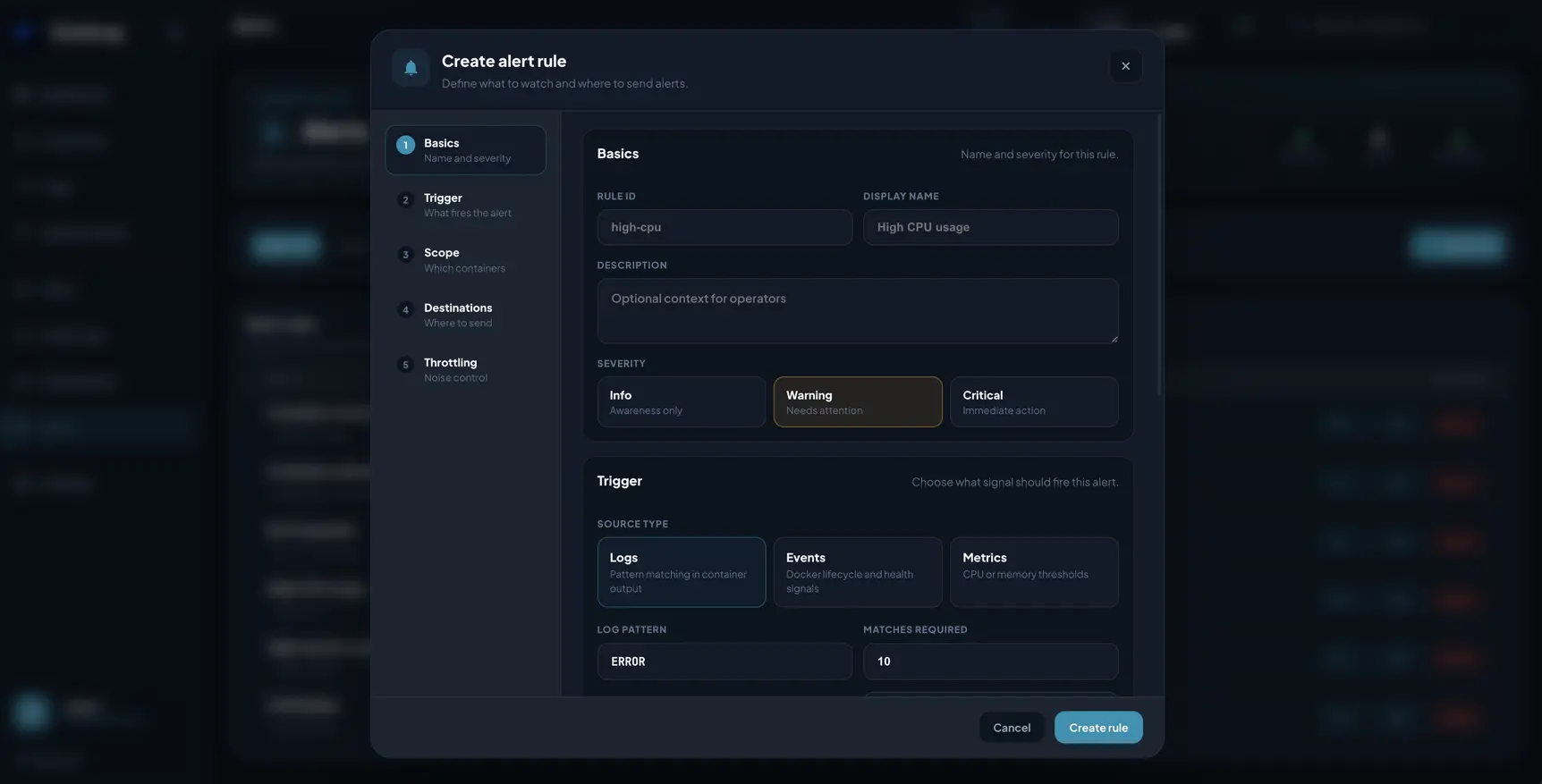 DockLog alert rule editor