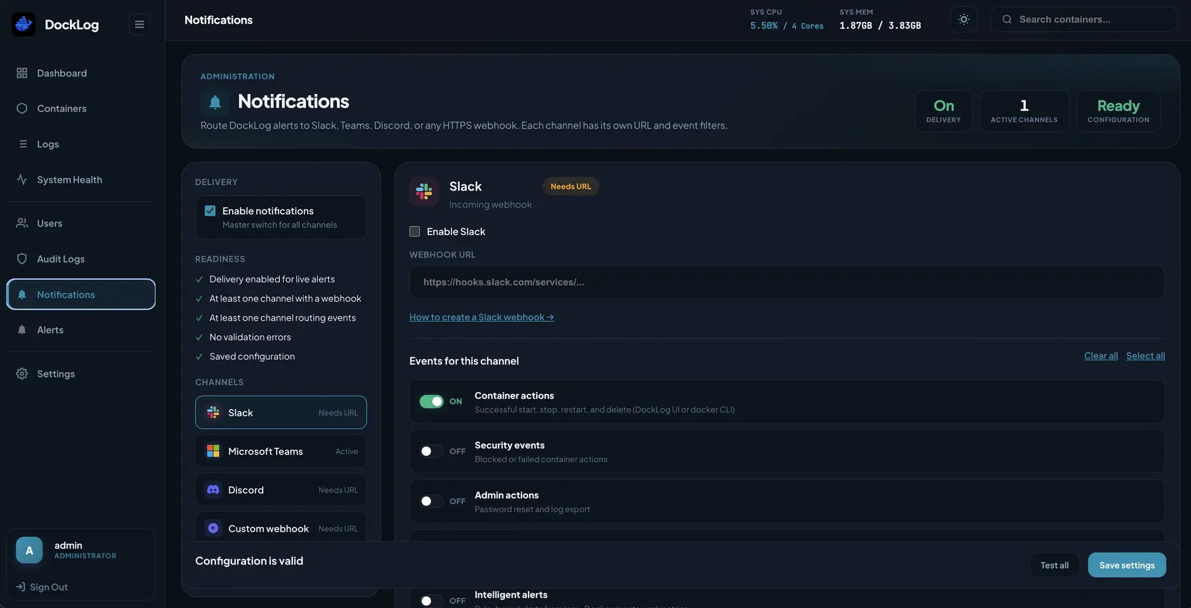 DockLog notification settings